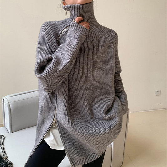 Pull asymétrique à col roulé et fermeture éclair pour femme