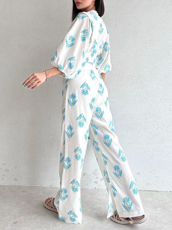 Women's Elegant V-neck Printed Puff Sleeve Top Trousers Two-piece Set