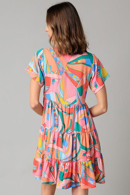 Multicolor Abstract Print Split V Neck Short Sleeve Tiered Dress