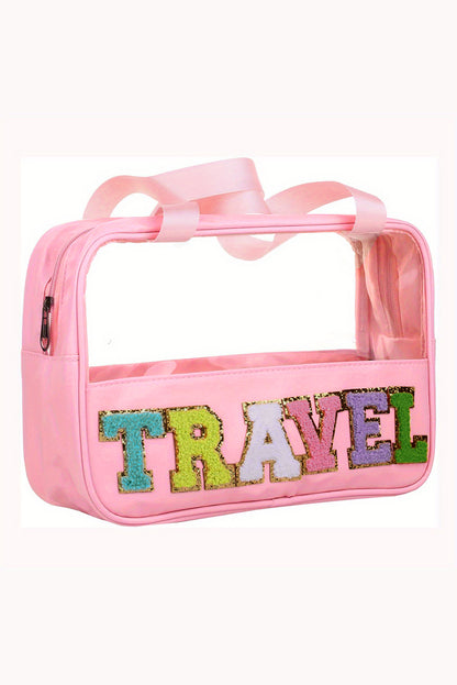 Trousse de maquillage en PVC transparent avec lettre chenille TRAVEL vert menthe