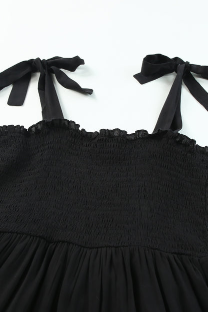 Black Tie Strap Smocked Frill Tiered Midi Dress