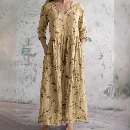 Robe mi-longue décontractée à imprimé floral et col en V pour femme