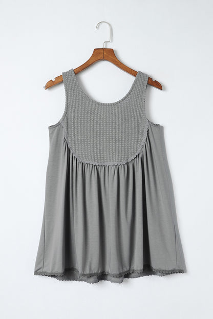 Gray Waffle Knit Panel Babydoll Sleeveless Top