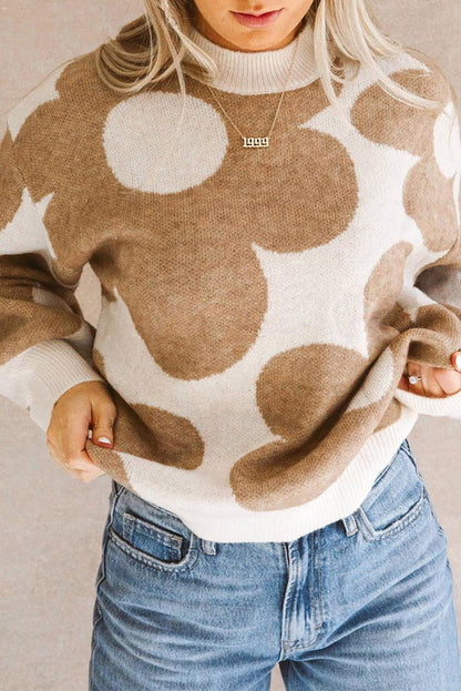 Khaki Floral Pattern Ribbed Trim Pullover Sweater