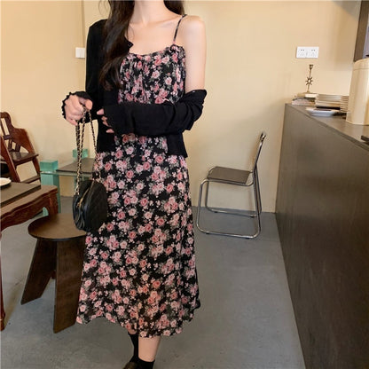 Début du printemps nouveau dodu filles minceur pull costume noir tricots robe à fleurs ensemble deux pièces