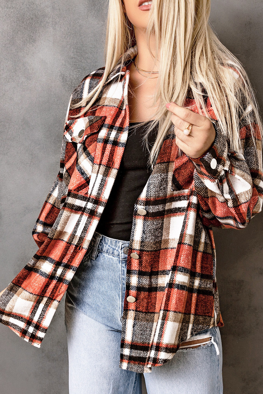 Orange Chest Pockets Flannel Plaid Shacket