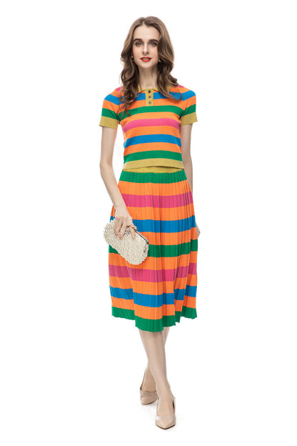 Ensemble de robe mi-longue en tricot coloré pour femmes, décontracté, imprimé, à la mode, haut rayé