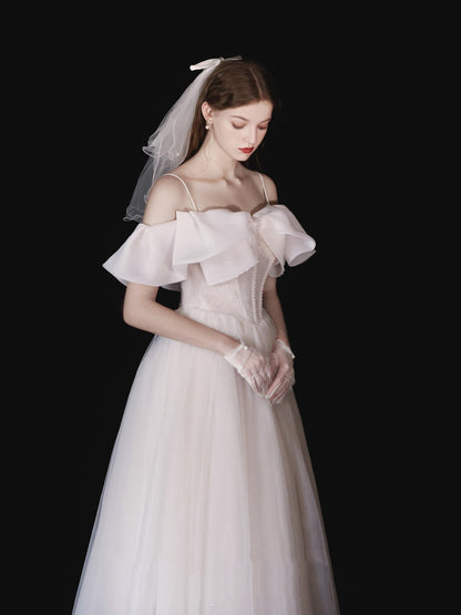 Robe à bretelles blanche mi-longue pour femme, robe de mariée