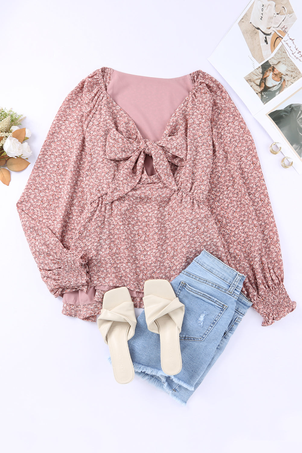 Brown Floral Print Front Tie Ruffled Long Sleeve Blouse