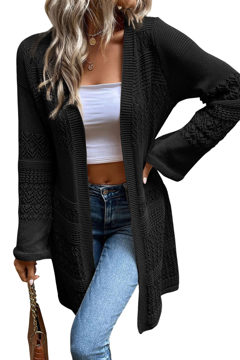 Gray Pointelle Knit Open Front Long Cardigan