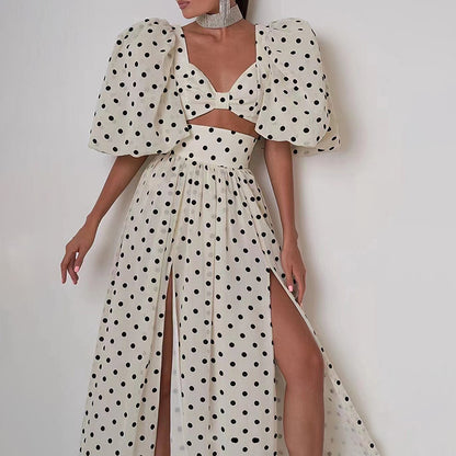 Femme col carré manches bouffantes haut taille haute fente à pois imprimé robe costume