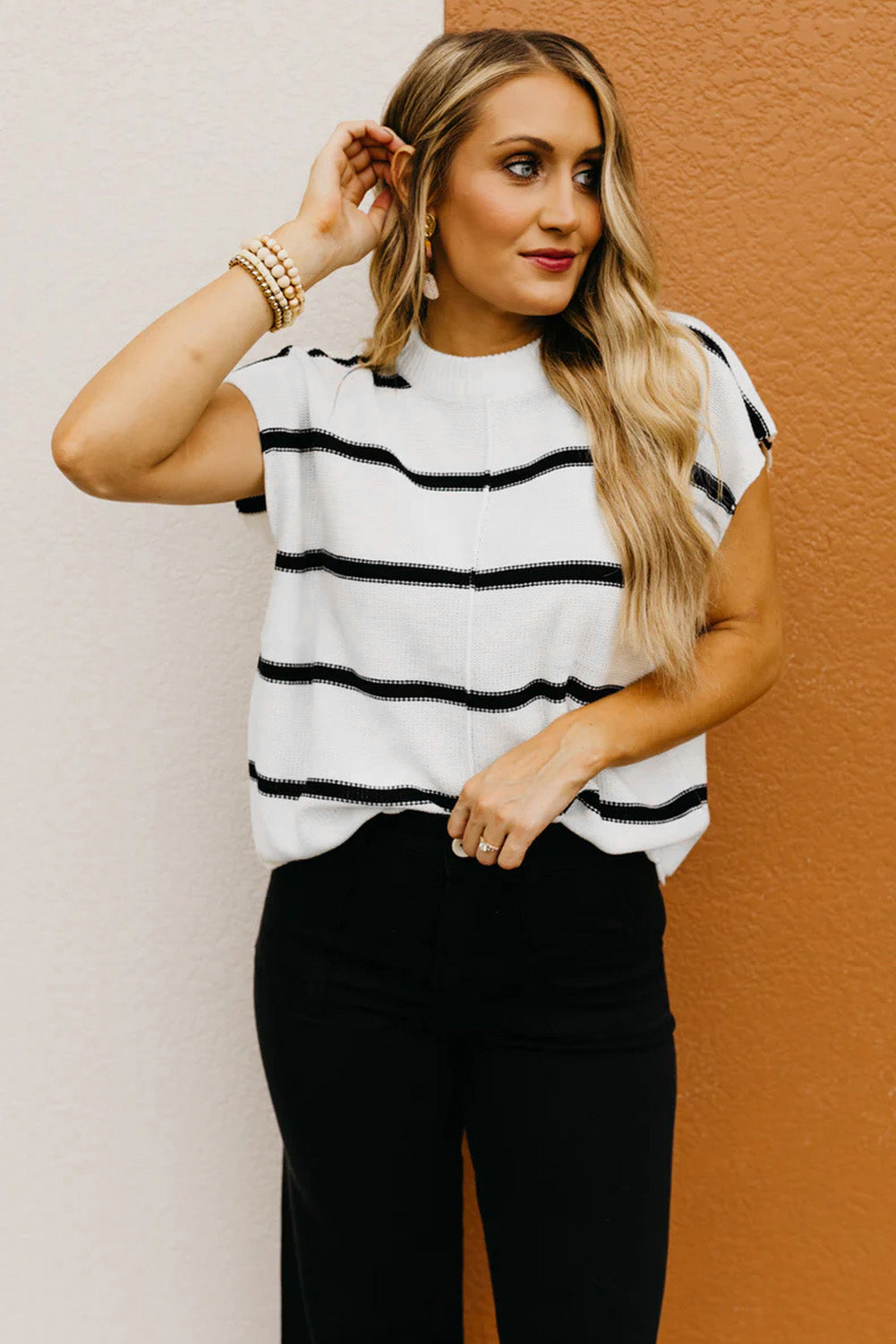 White Striped Center Seamed Short Sleeve Sweater