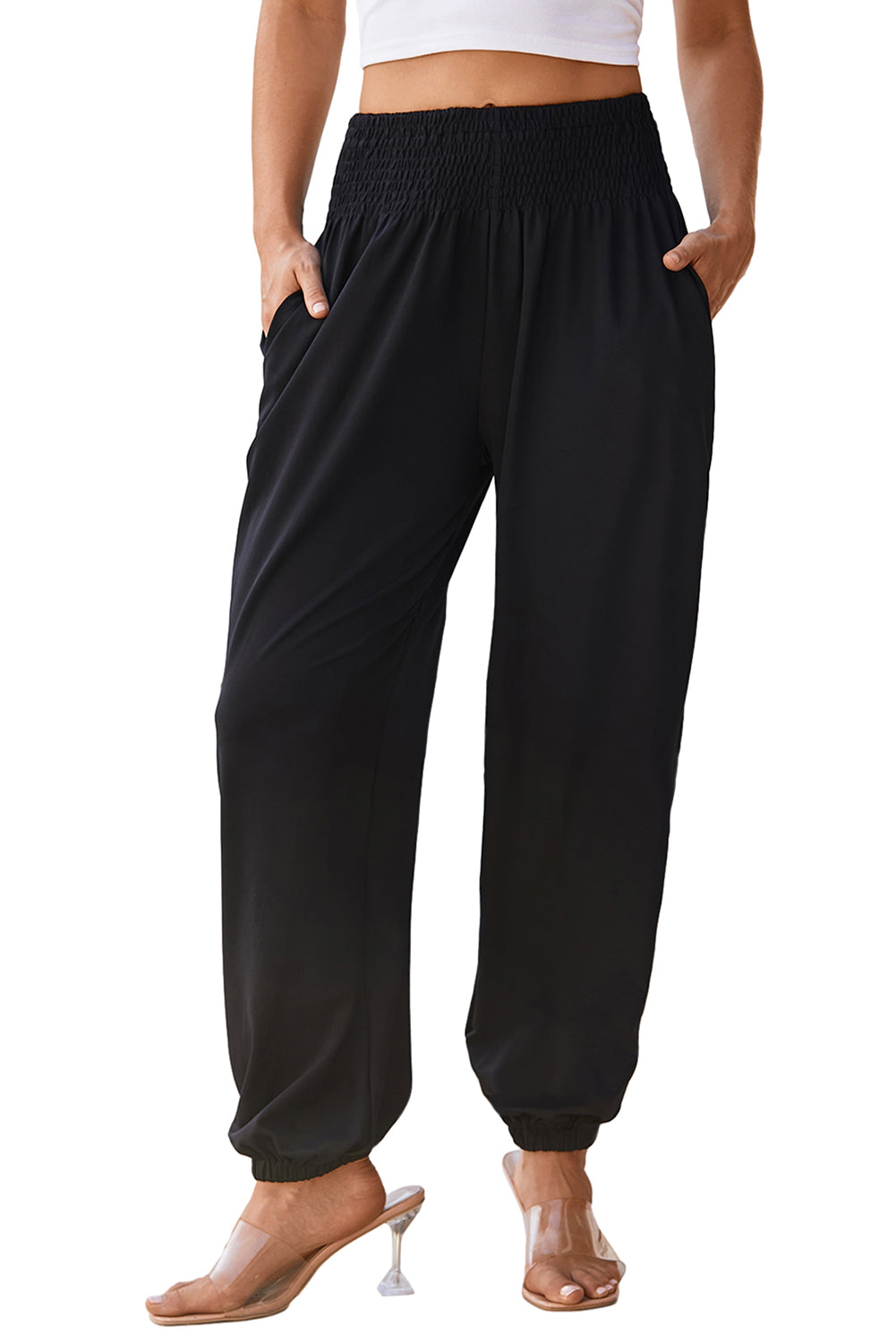 Pantalon de jogging taille haute smocké noir avec poches