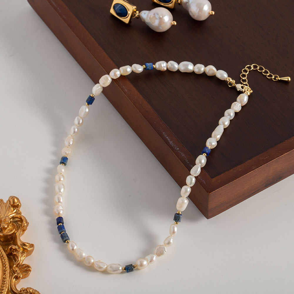 Collier polyvalent en Lapis Lazuli bleu Karaine, classique et Noble, avec perles d'eau douce naturelles, Design perlé