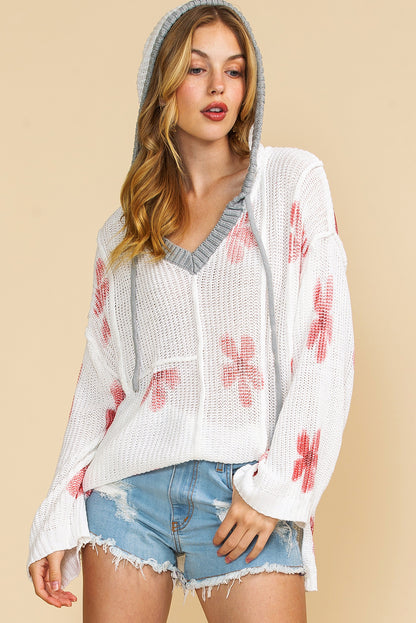 White Floral Print Oversized Knit Hooded Sweater