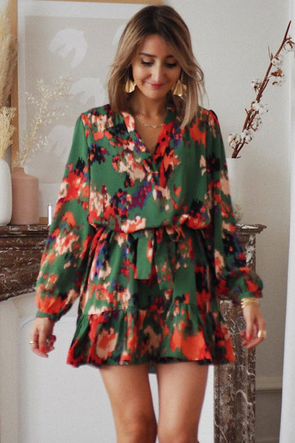 Abstract Print Waist Belted Flounce Hem Split V Neck Long Sleeve Dress