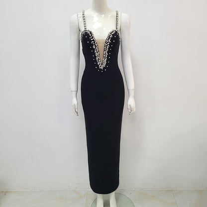 Robe Camisole en maille avec strass, vêtements pour femmes européennes et américaines, Sexy, industrie lourde, décolleté en v profond