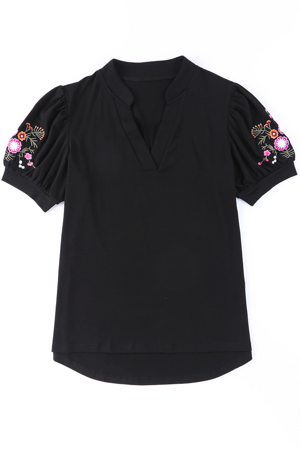 Black Floral Embroidered Sleeve Notch Neck Top