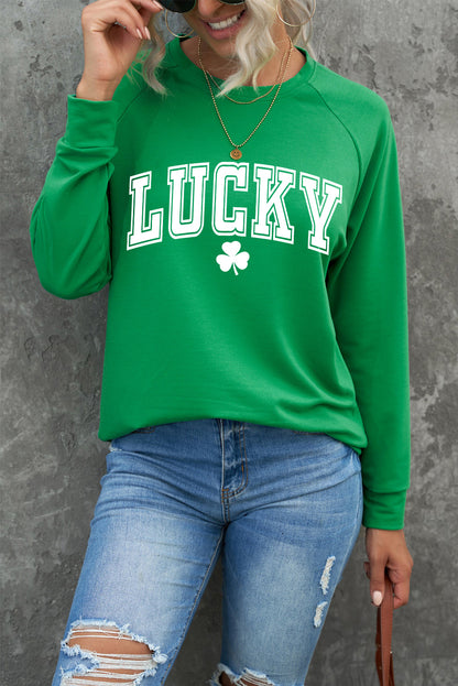 Green St Patricks LUCKY Clover Graphic Raglan Sleeve Sweatshirt