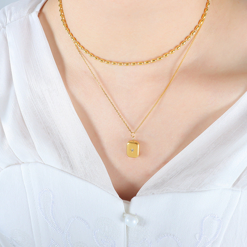 18K gold exquisite and noble square with double layer stacking design pendant necklace