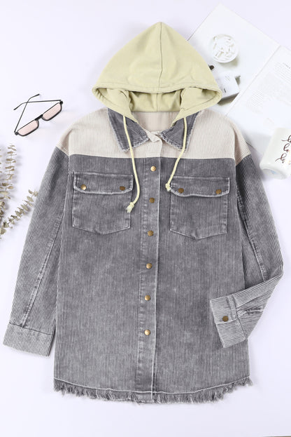 Green Color Block Button Down Hooded Corduroy Jacket