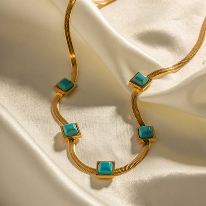 18K Gold Noble Fashion Matching Square Blue Malachite Versatile Necklace