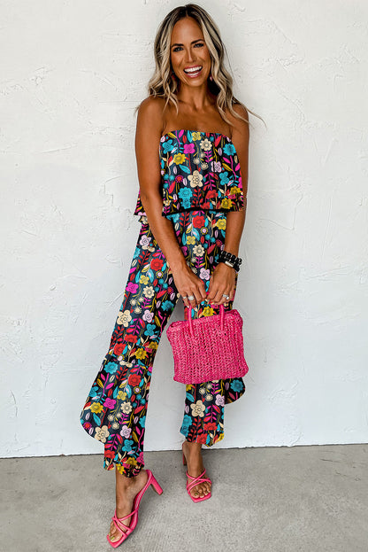 Blue Boho Tropical Print Ruffle Overlay Strapless Flared Jumpsuit