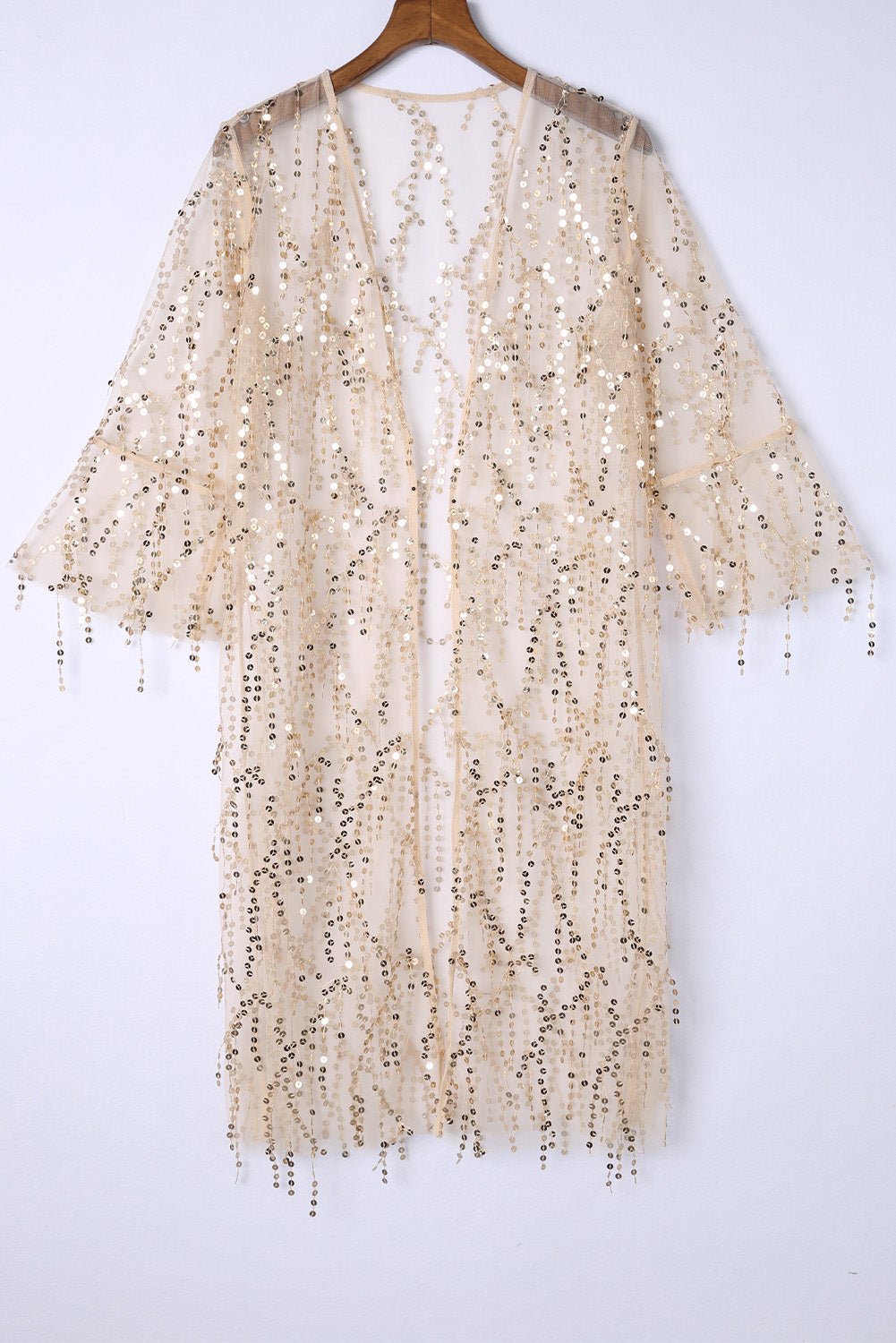 Kimono blanc transparent à manches longues et à sequins ouvert sur le devant