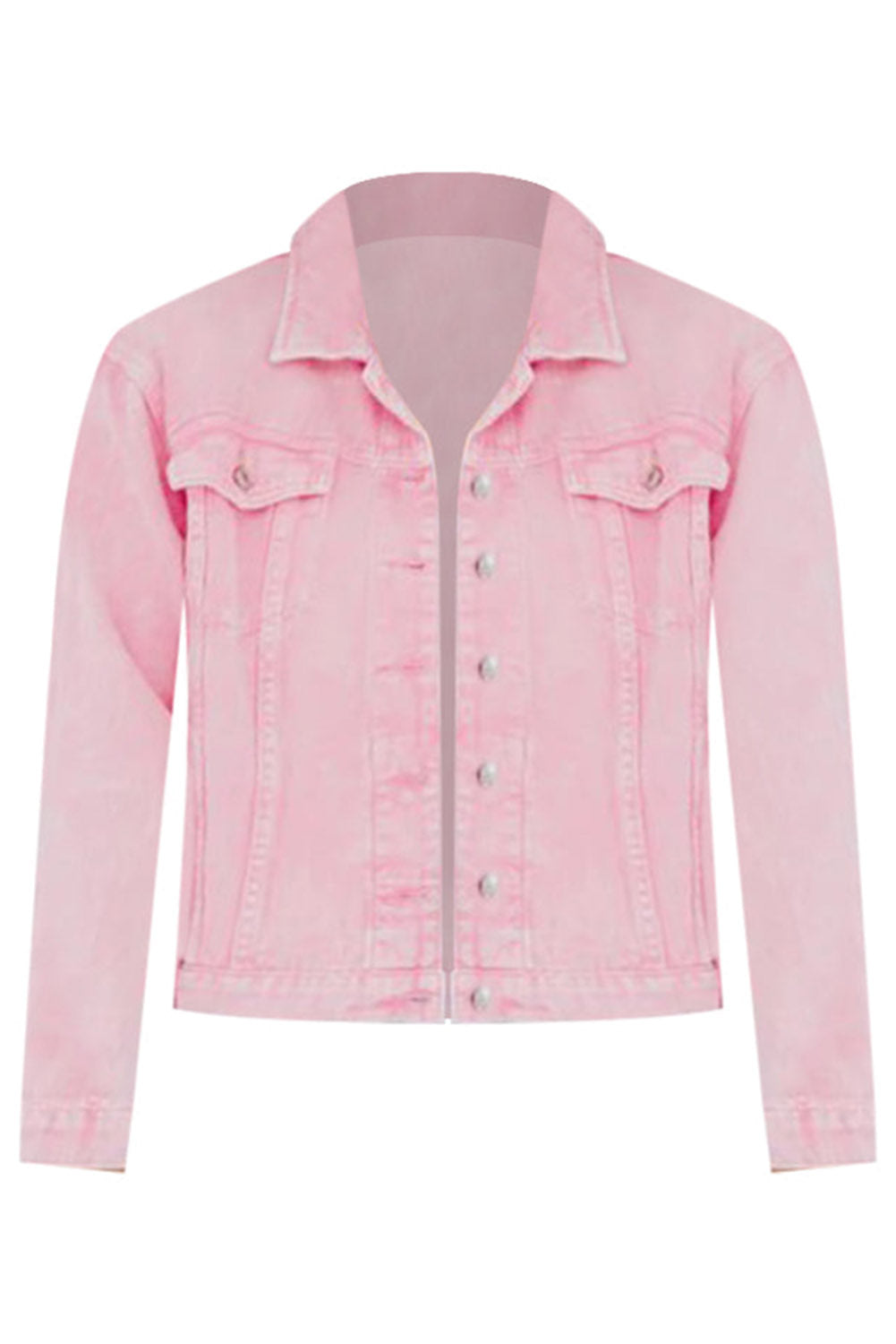 Pink Light Wash Flap Pockets Button Up Denim Jacket