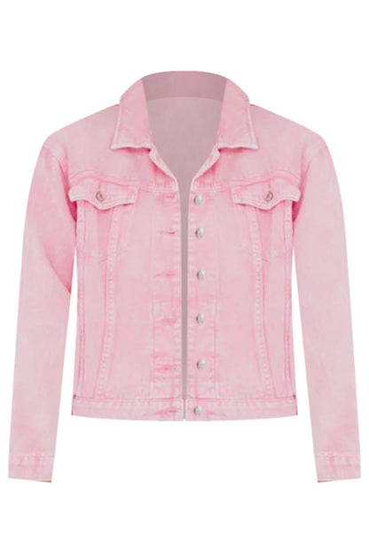 Pink Light Wash Flap Pockets Button Up Denim Jacket