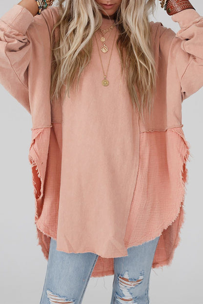 Khaki Crinkled Patchwork Raw Hem Oversized Blouse