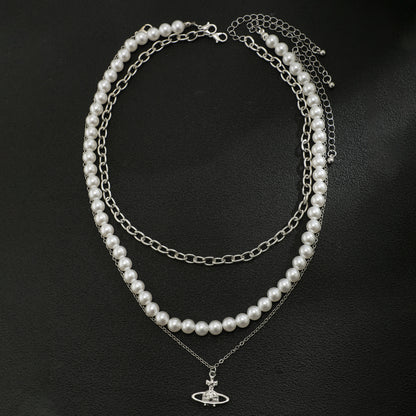 Trendy simple pearl chain with cross planet three-layer design all-match necklace