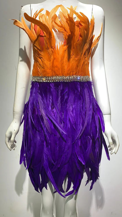 Robe fourreau en maille de couleur contrastée avec plumes et diamants