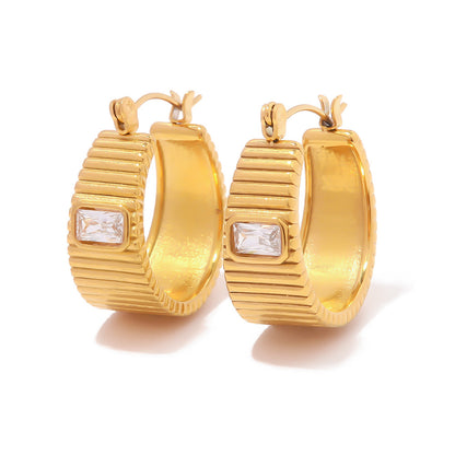 18k Gold Fashion Simple Inlaid Square White Zircon Rib Design Versatile Earrings