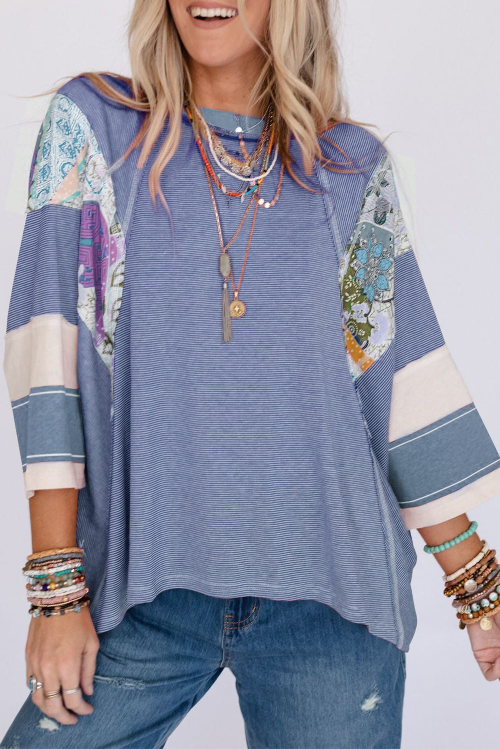 Sky Blue Striped and Floral Patchwork Oversized Top