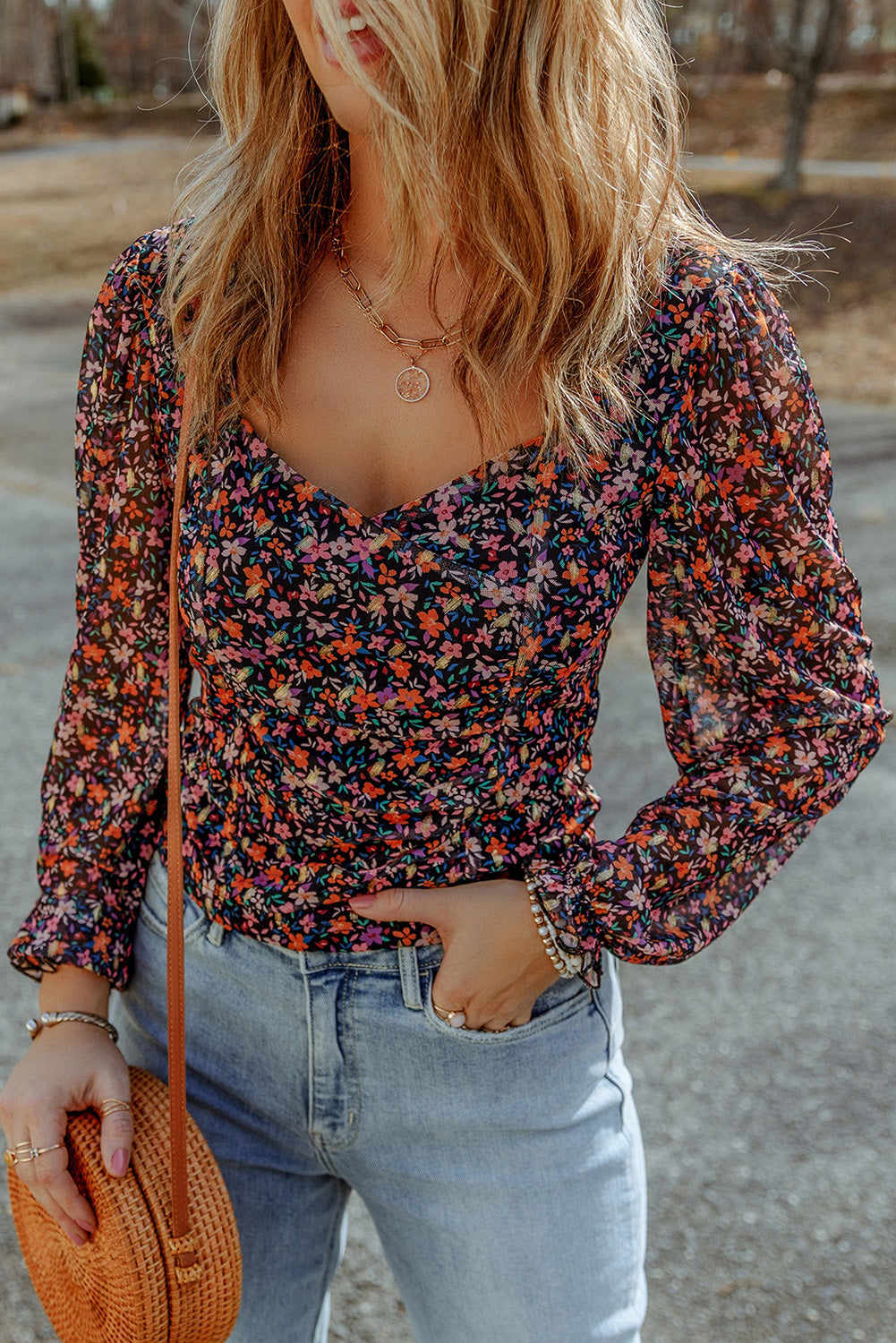 Black  V Neck Bubble Sleeve Floral Blouse