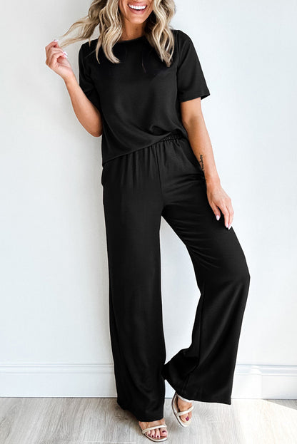 Black Solid Color T-Shirt and Wide Leg Pants Set