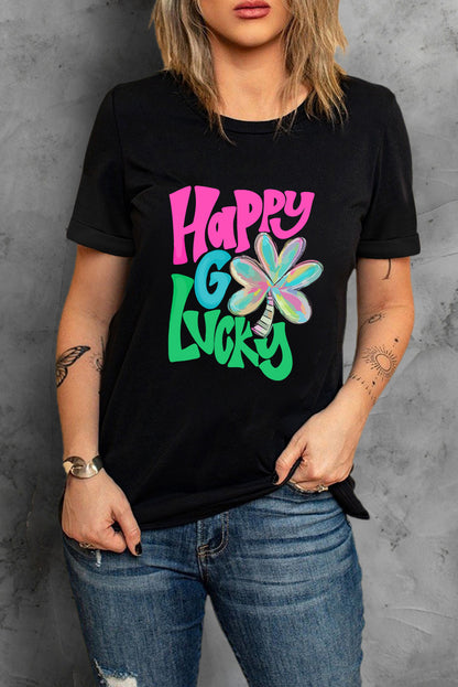 T-shirt noir à col ras du cou avec motif Happy GO Lucky Clover