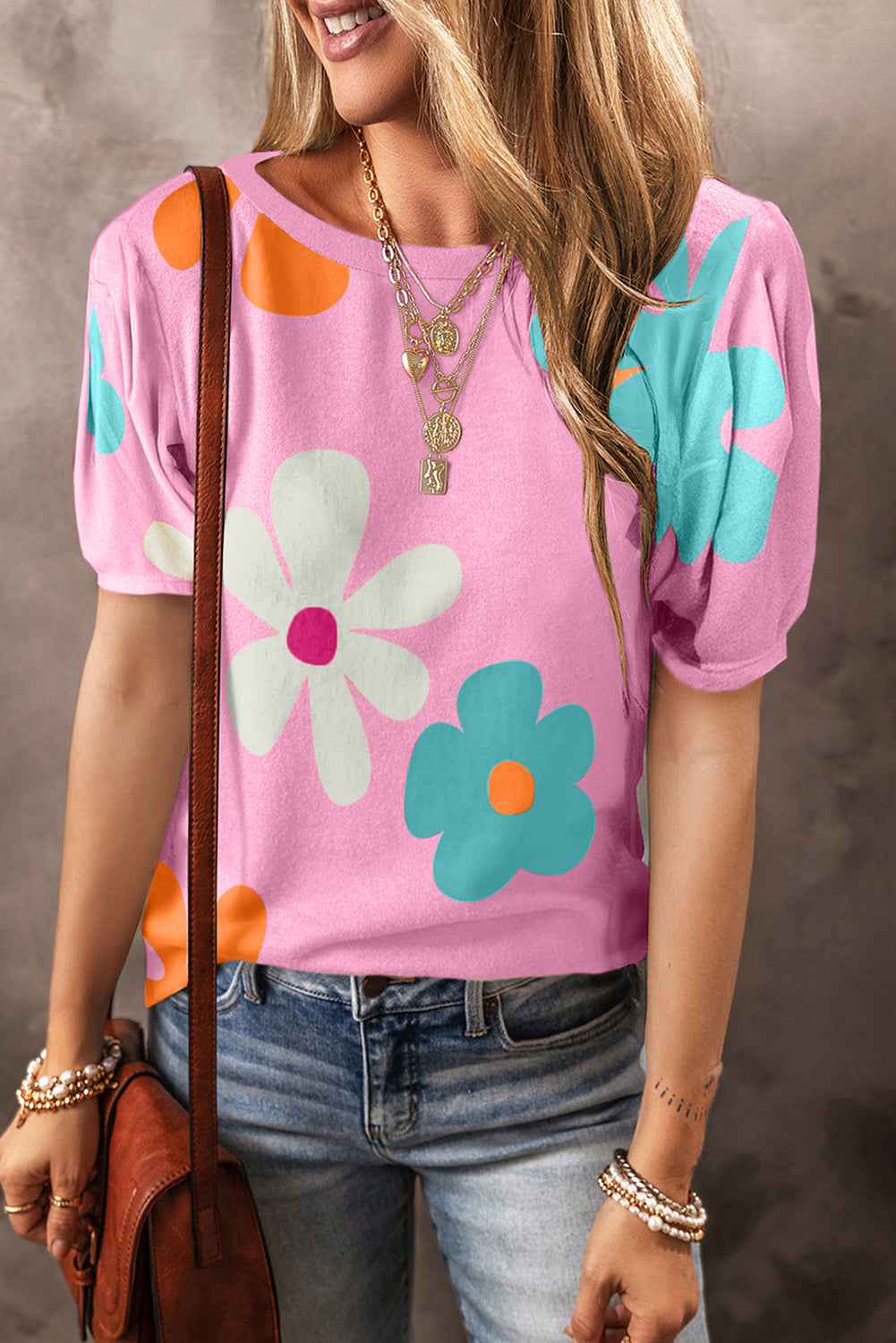 Apricot Colorful Flower Print Bubble Sleeve Tee