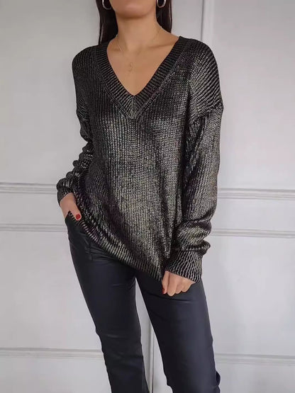 Women's Fashionable Knitted V-neck Bright Silk Pullover