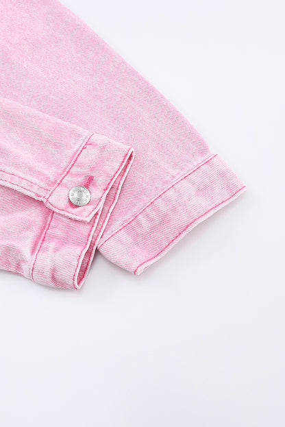 Pink Light Wash Flap Pockets Button Up Denim Jacket