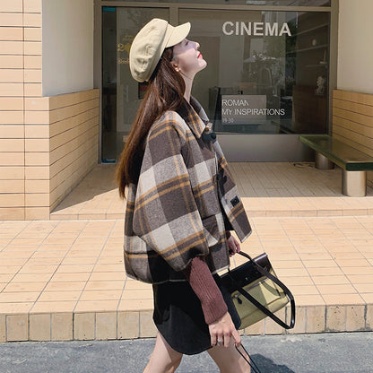 Manteau en laine épais à carreaux décontracté pour femme