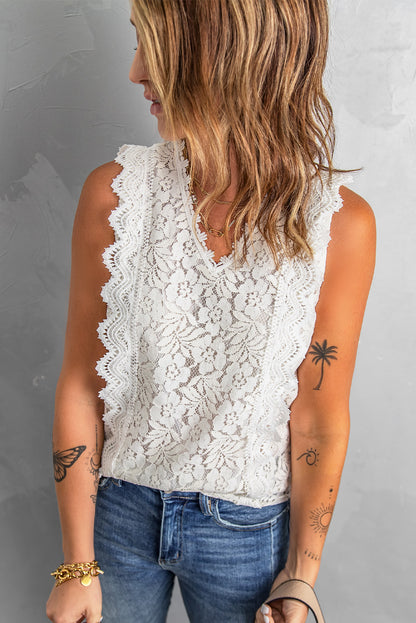 White V Neck Sleeveless Lace Top for Summer