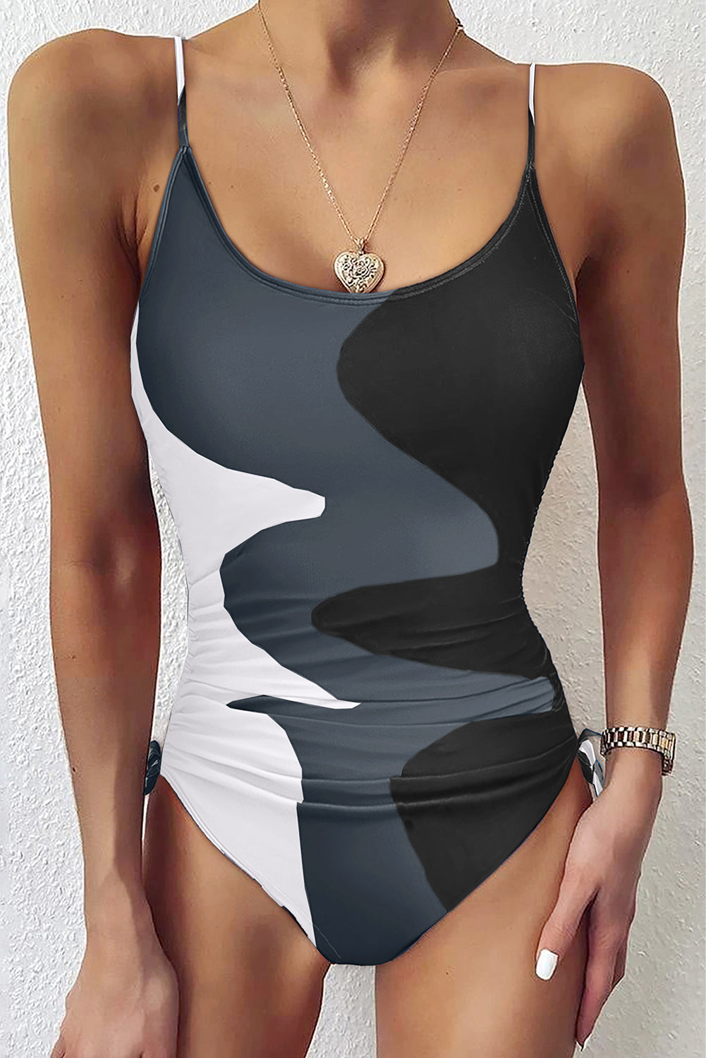 Khaki Color Block Drawstring Sides One Piece Swimsuit