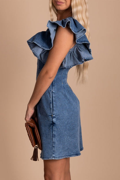 Blue Ruffle Pleated Denim Romper with Pockets