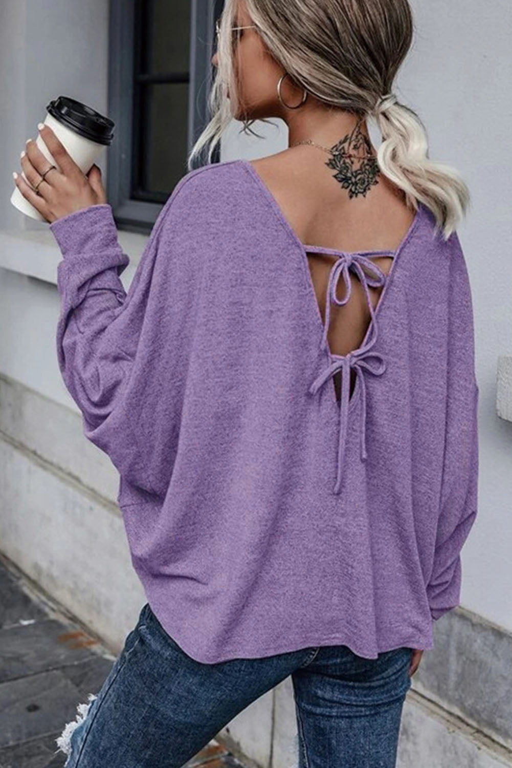 Purple Plain Tie Back Drop Shoulder Long Sleeve Top