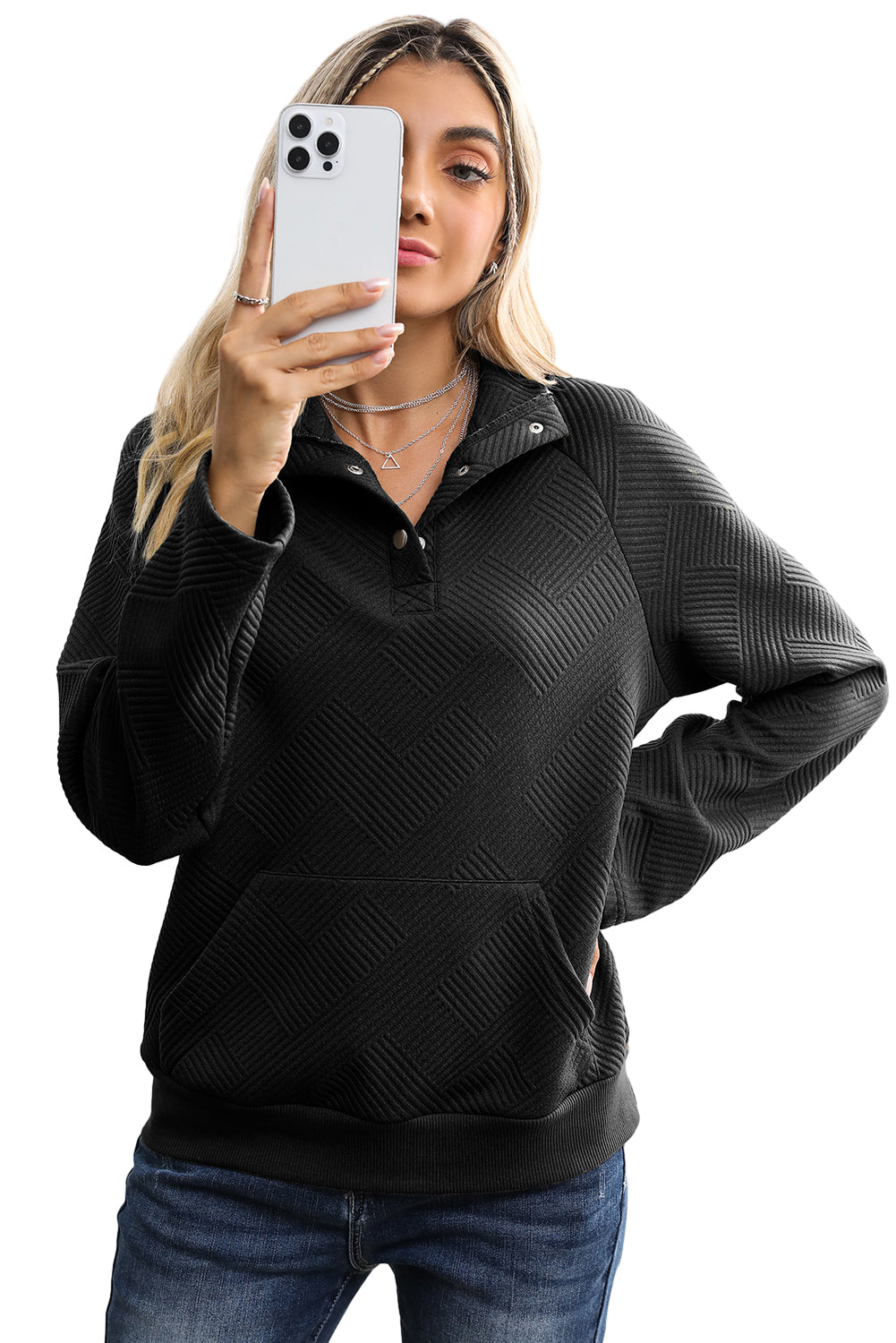 Black Textured Kangaroo Pocket Henley Collared Sweatshirt