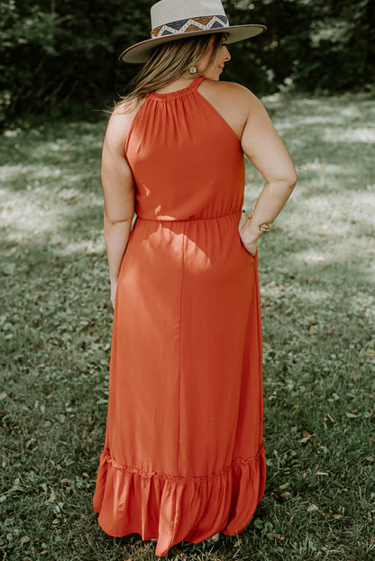 Russet Orange Plus Size ärmelloses langes Kleid mit Rüschensaum