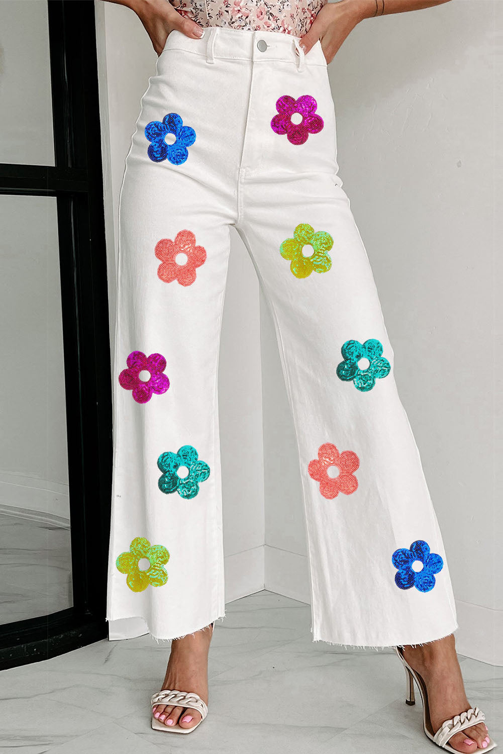 Wholesale White High Rise Colorful Sequin Flower Flare Graphic Jeans