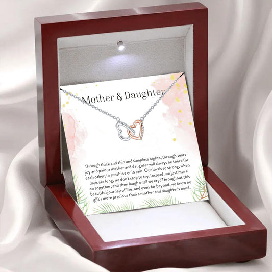 Two-color cutout heart double ring interlocking design gift box necklace for mother or daughter